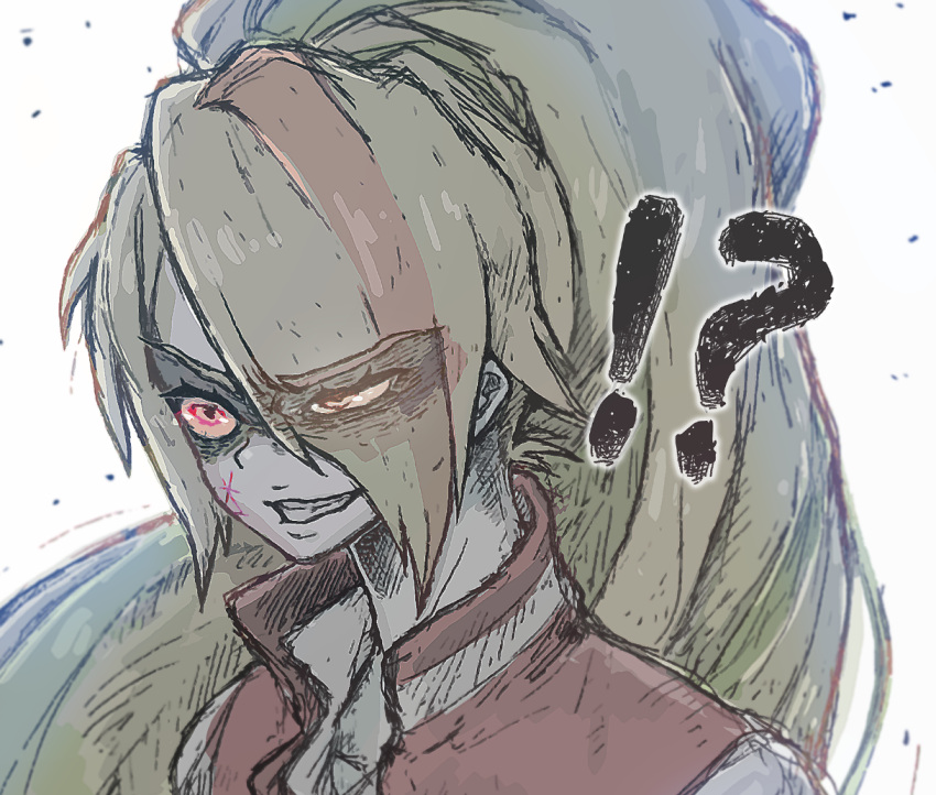!?, 1girl, blonde_hair, eyebrows_visible_through_hair, eyes_visible_through_hair, facial_scar, grey_skin, grin, hair_over_one_eye, jacket, letterman_jacket, long_hair, multicolored_hair, nikaidou_saki, nyx666, ponytail, red_eyes, scar, smile, solo, streaked_hair, zombie, zombie_land_saga