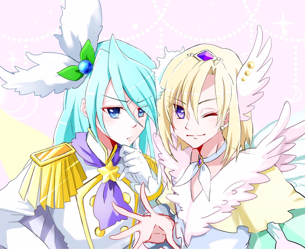 2boys, androgynous, ascot, bangs, blonde_hair, blue_eyes, blue_hair, blush