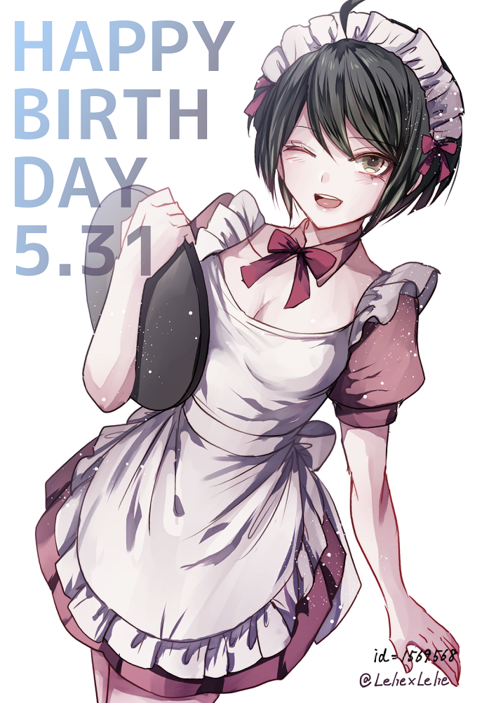 1girl, :d, ahoge, apron, bow, breasts, brown_hair, brown_shirt