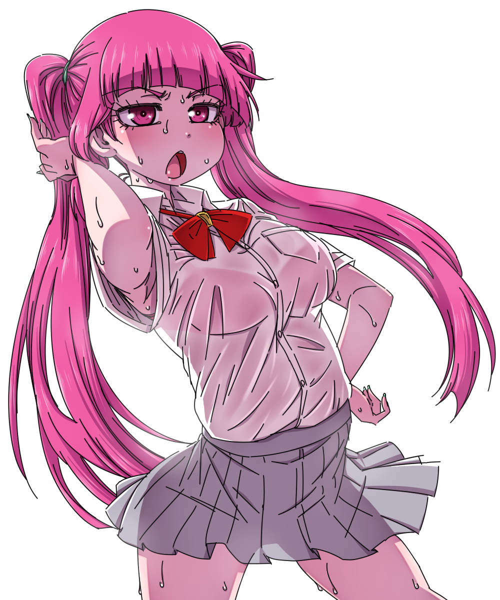 1girl, bleach, blush, breasts, dokugamine_riruka, fingernails, fullbringer, hanya_(hanya_yashiki), highres, long_fingernails, long_hair, looking_at_viewer, medium_breasts, nail_polish, open_mouth, purple_hair, school_uniform, see-through, see-through_silhouette, solo, sweat, twintails, violet_eyes