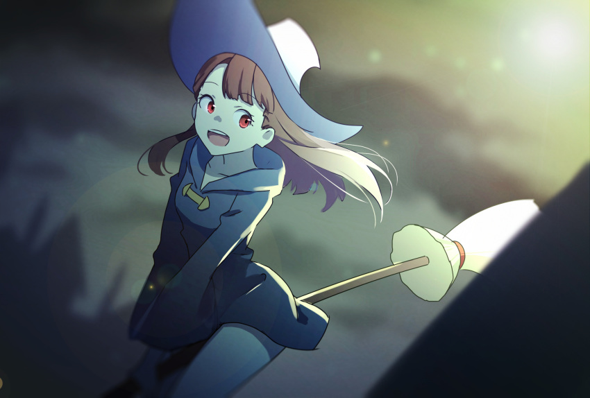1girl, :d, black_dress, blurry, blurry_background, blurry_foreground, broom, broom_riding, brown_hair, canon_(aria), collarbone, dress, eyebrows_visible_through_hair, floating_hair, hat, highres, hood, hood_down, hooded_dress, kagari_atsuko, lens_flare, little_witch_academia, long_hair, long_sleeves, looking_to_the_side, open_mouth, red_eyes, short_dress, smile, solo, white_hat, witch_hat