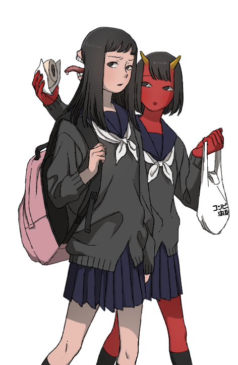 2girls, backpack, bag, black_hair, extra_mouth, feeding, holding, horns