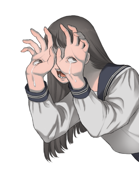 1girl, black_hair, crying, crying_with_eyes_open, eye_in_palm, long_hair, monster_girl, original, school_uniform, serafuku, shokugyo, solo, tears, white_background