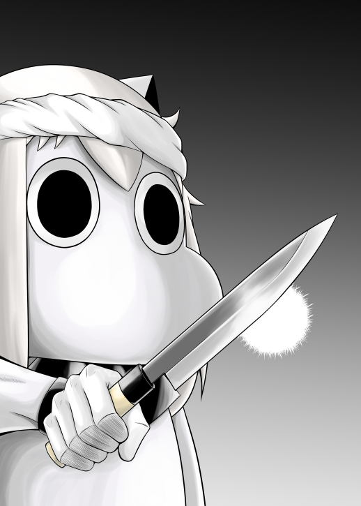 (o)_(o), 1girl, collar, commentary_request, hachimaki, headband, holding, holding_knife
