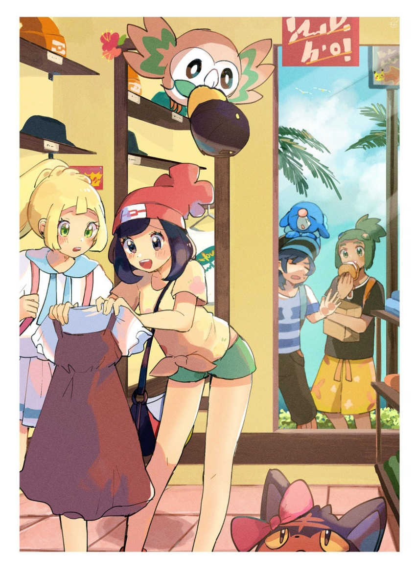 2boys, 2girls, bag, baseball_cap, beanie, black_hair, black_shirt, blonde_hair