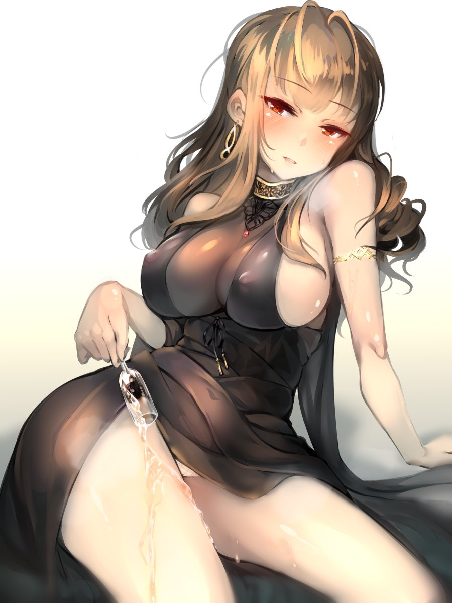 1girl, ahoge, alcohol, alternate_costume, arm_support, armlet, bangs, bare_shoulders