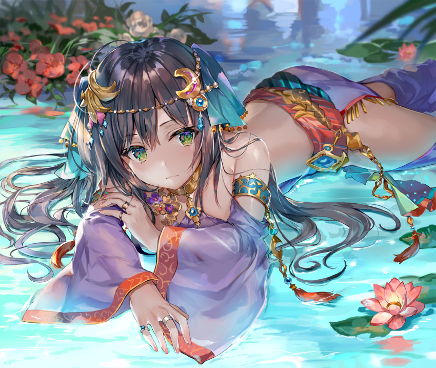 1girl, ahoge, amethyst, arabian_clothes, armlet, ass, bangs, bare_shoulders