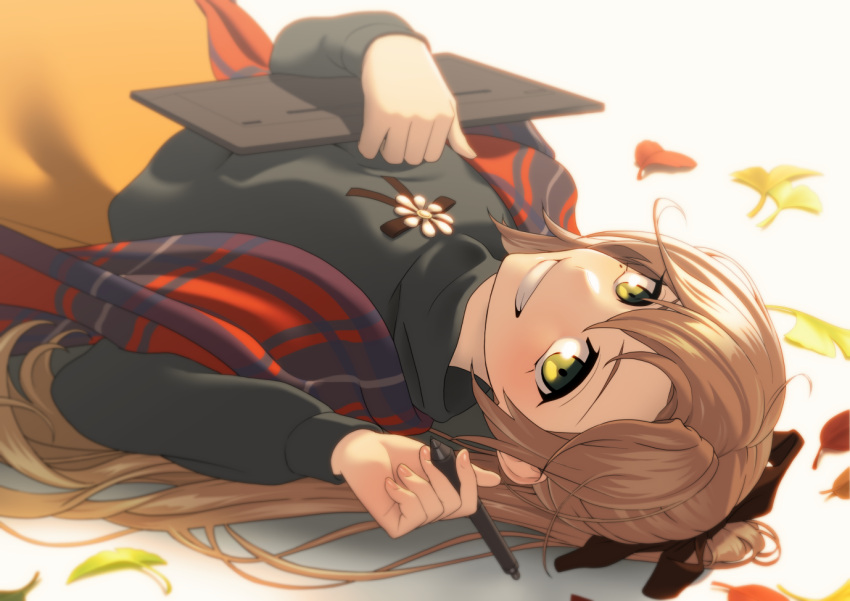 1girl, akigumo_(kantai_collection), autumn_leaves, black_bow, black_ribbon, black_sweater, bow, brown_hair