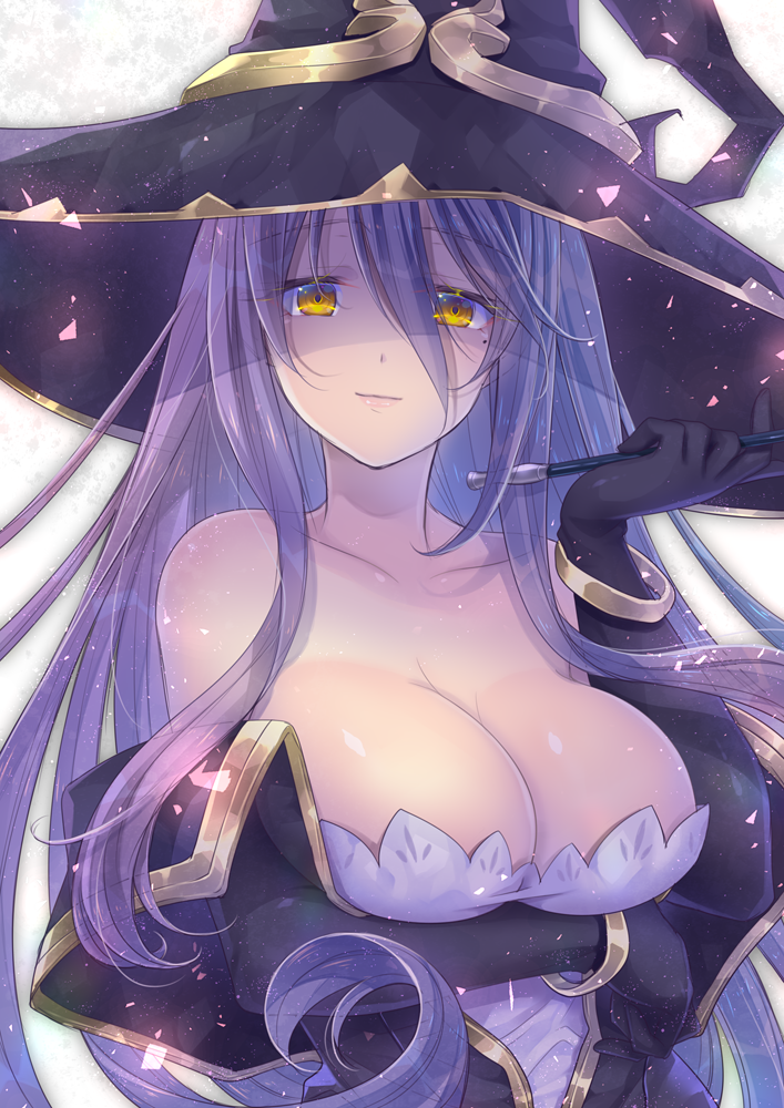 1girl, black_gloves, black_hat, bracelet, breasts, cleavage, collarbone, commentary_request