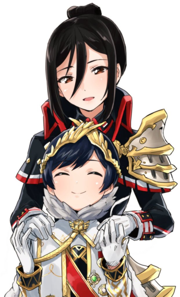 1boy, 1girl, bangs, blue_eyes, collarbone, cousins, gloves, jacket