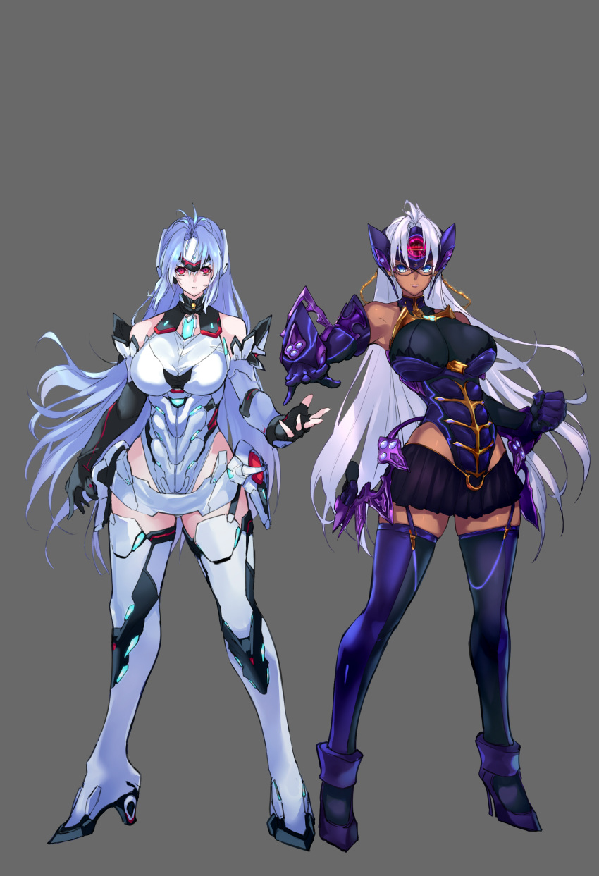 2girls, absurdres, android, bare_shoulders, blue_eyes, blue_hair, breasts, cleavage