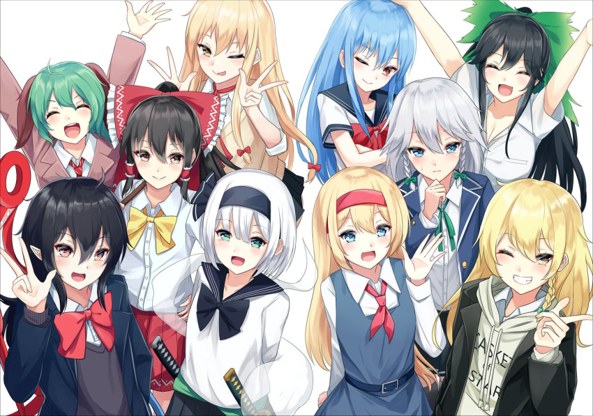 6+girls, :d, ;), ;p, ^_^, ahoge, alice_margatroid, alternate_hair_length