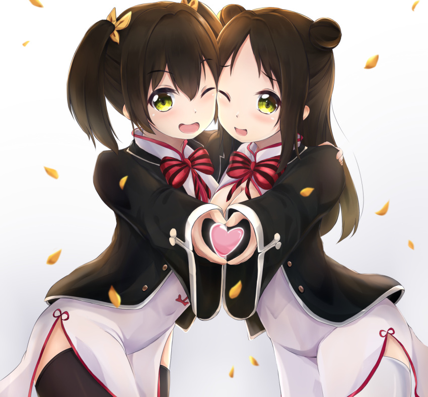 2girls, ;d, bangs, black_jacket, blazer, blush, bow, breasts