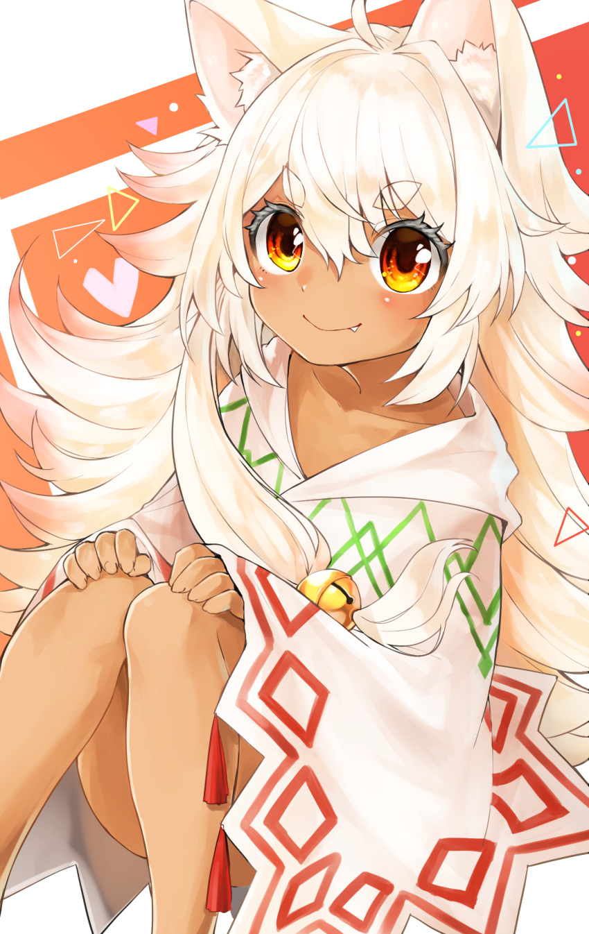 >:), 1girl, ahoge, animal_ear_fluff, animal_ears, bare_legs, bell, commentary_request, dark_skin, fang_out, gradient_hair, hair_bell, hair_ornament, hands_on_own_knees, heart, highres, jingle_bell, long_hair, multicolored_hair, naked_poncho, netamaru, orange_background, orange_eyes, original, pink_hair, poncho, red_background, simple_background, sitting, white_background, white_hair