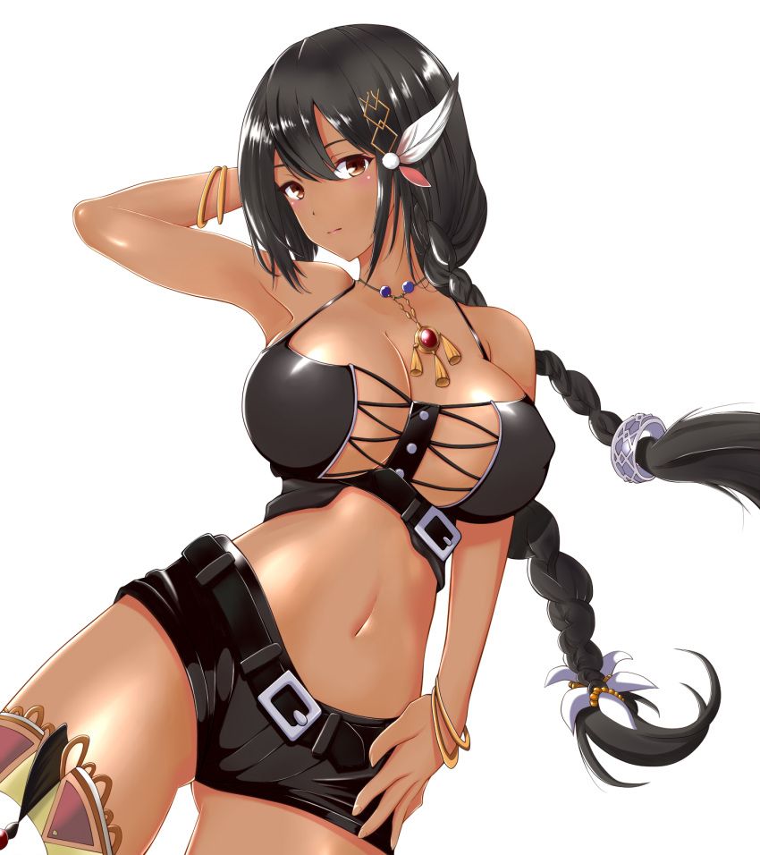 1girl, arm_behind_head, armpits, azur_lane, bangs, bare_shoulders, belt, black_hair, black_shorts, blush, bracelet, braid, breasts, brown_eyes, cleavage, commentary_request, crop_top, cross-laced_top, dark_skin, dutch_angle, feathers, hair_between_eyes, hair_feathers, hair_ornament, hand_on_hip, highres, jewelry, large_breasts, legs, long_hair, looking_at_viewer, low_braid, native_american, navel, necklace, short_shorts, shorts, solo, south_dakota_(azur_lane), zubi_(skylinezb)