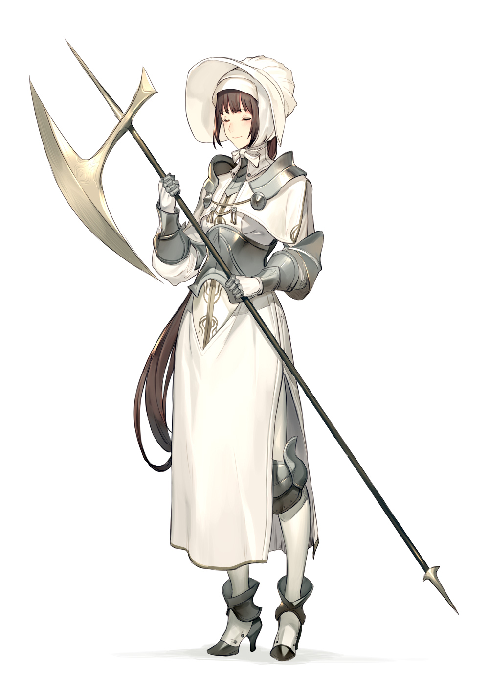 1girl, armored_boots, armored_corset, boots, brown_hair, closed_eyes, cowter, full_body