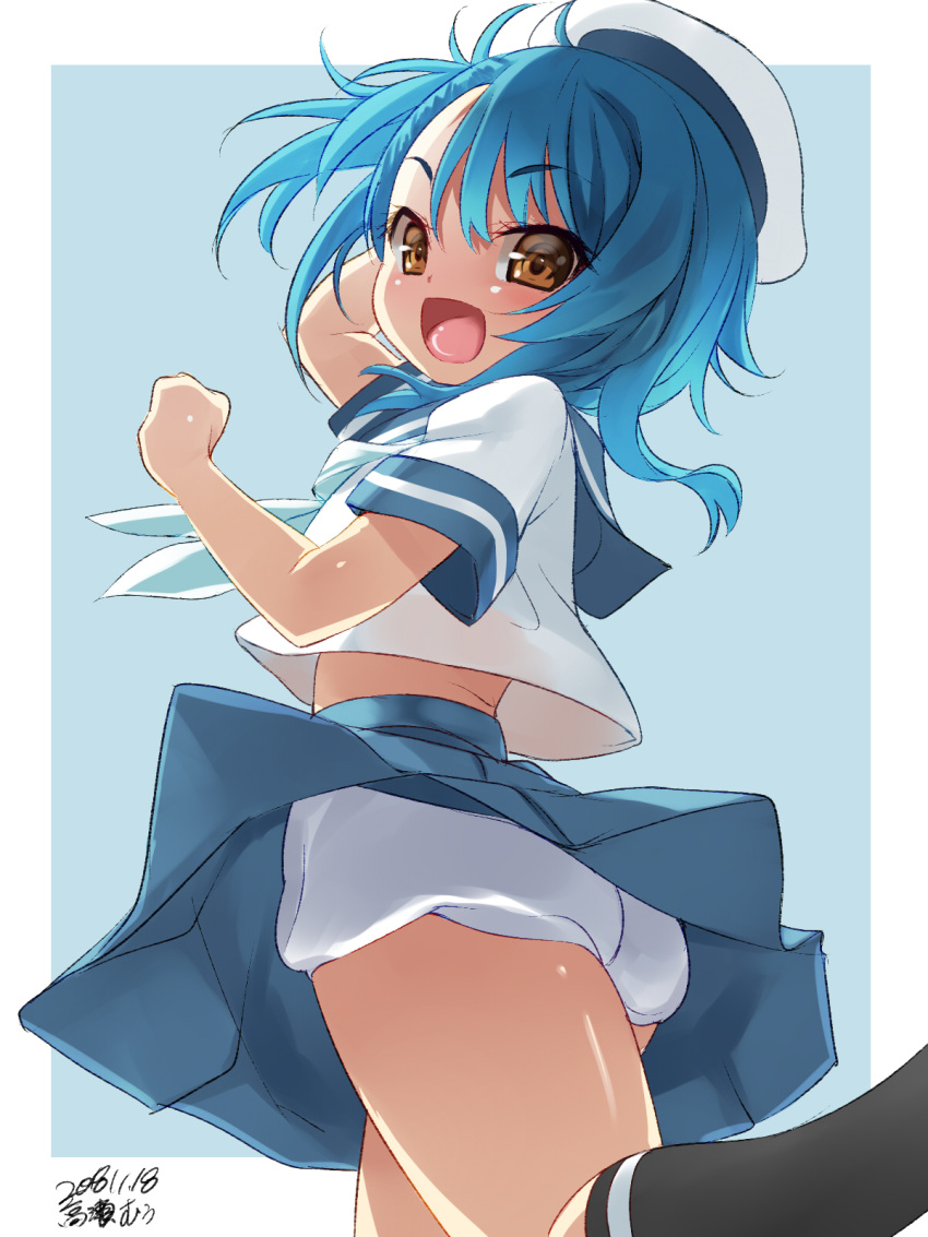 1girl, artist_name, black_legwear, blue_hair, blue_neckwear, blue_sailor_collar, blue_skirt, brown_eyes