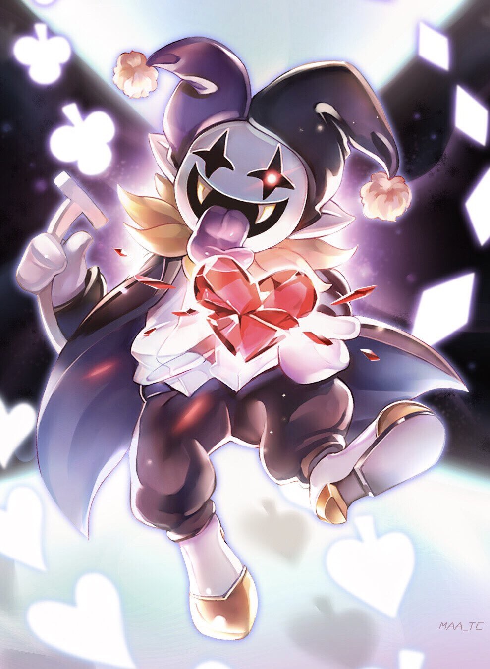 1boy, black_cape, black_pants, cape, club_(shape), collar, commentary_request, crystal