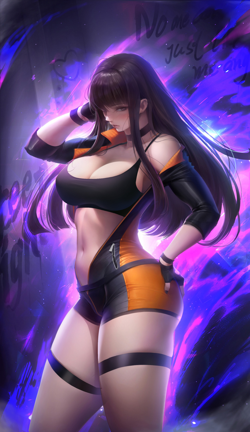 1girl, absurdres, adjusting_hair, bangs, blush, bodysuit, bracelet, breasts