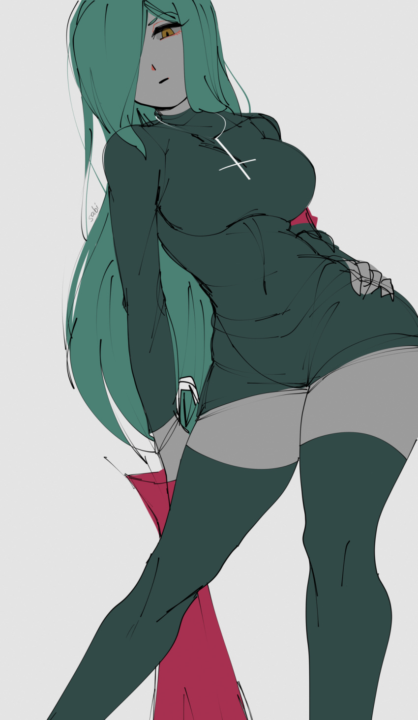 1girl, aqua_hair, breasts, cross, cross_necklace, dress, enisabi, hair_over_eyes