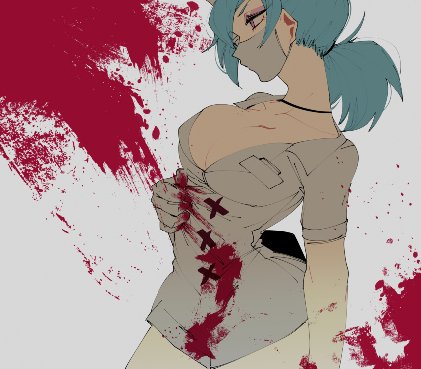 1girl, bandage_over_one_eye, blood, blood_splatter, bloody_clothes, blue_hair, breasts, cleavage