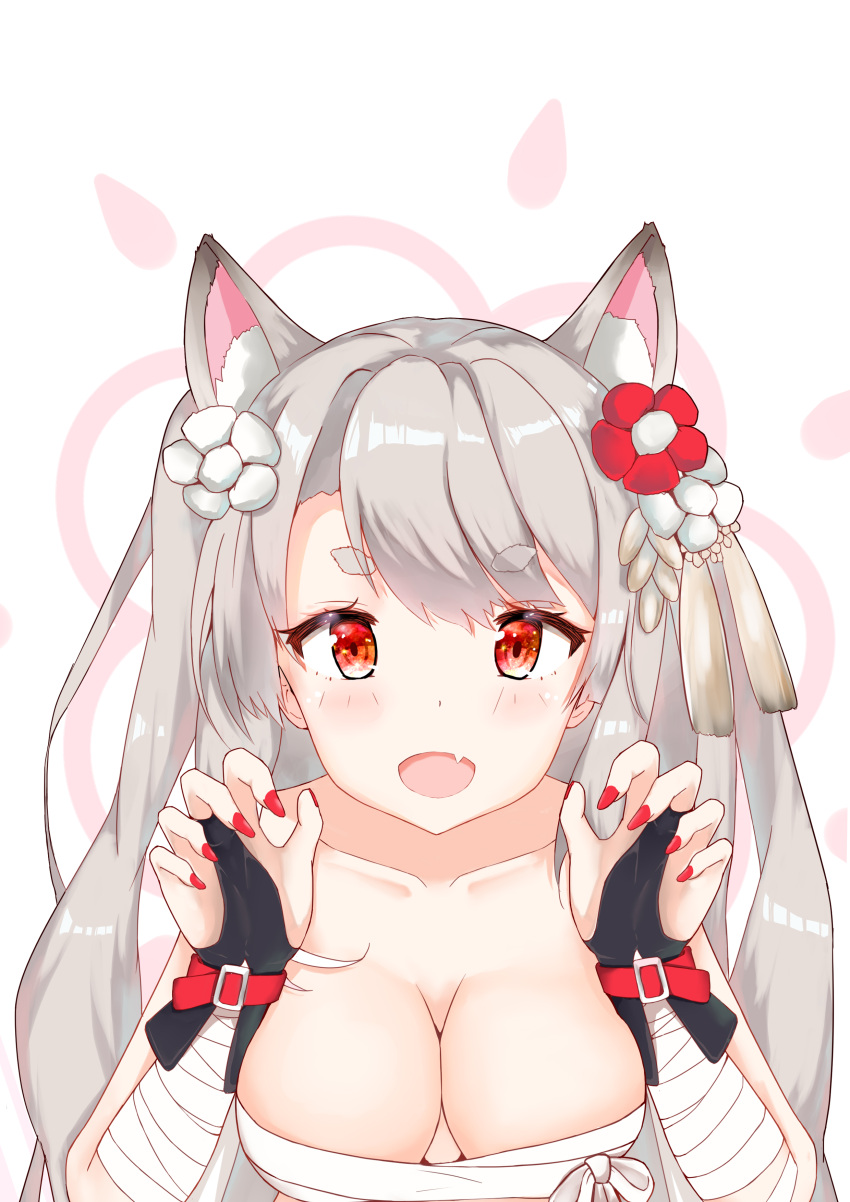 1girl, absurdres, animal_ears, azur_lane, breasts, claw_pose, eyebrows_visible_through_hair, fang