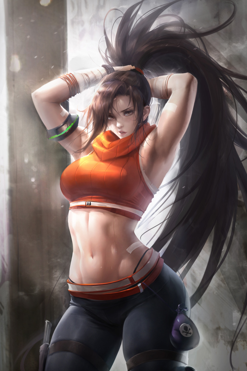 1girl, absurdly_long_hair, absurdres, armlet, armpits, arms_behind_head, bandaid, belt