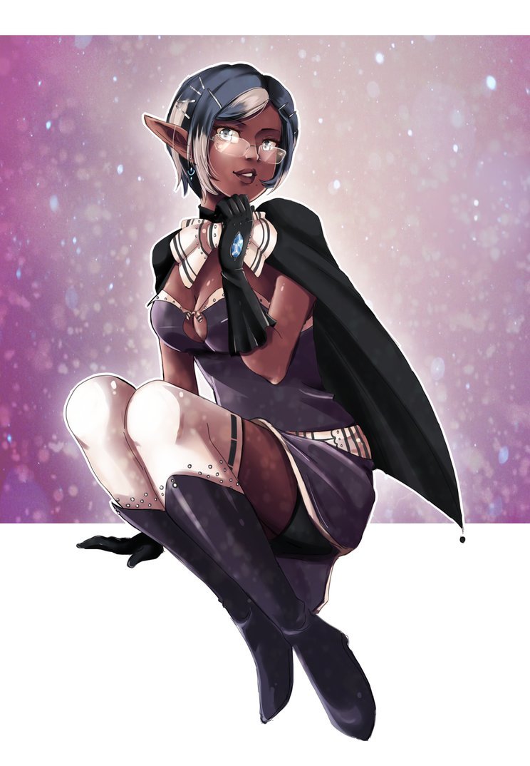 1girl, bike_shorts, black_gloves, black_hair, boots, borrowed_character, breasts, cape, cleavage, commentary, commission, dark_skin, dress, drew_winchester, earrings, elezen, elf, english_commentary, final_fantasy, final_fantasy_xiv, full_body, glasses, gloves, grey_eyes, hair_ornament, hairclip, invisible_chair, janelle_colbernoux, jewelry, knee_boots, large_breasts, legs_together, lips, looking_at_viewer, mole, mole_under_eye, mole_under_mouth, multicolored_hair, pointy_ears, purple_dress, rimless_eyewear, silver_hair, sitting, solo, streaked_hair, thigh-highs, two-tone_hair, very_dark_skin, white_legwear