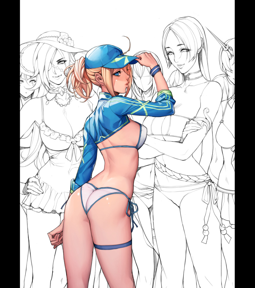 4girls, absurdres, artoria_pendragon_(all), ass, bangs, bare_shoulders, baseball_cap, bikini