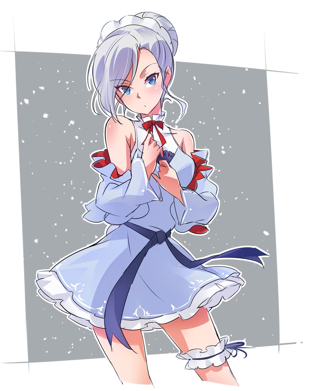 1girl, bare_shoulders, blue_eyes, breasts, dress, frilled_dress, frills, hair_bun