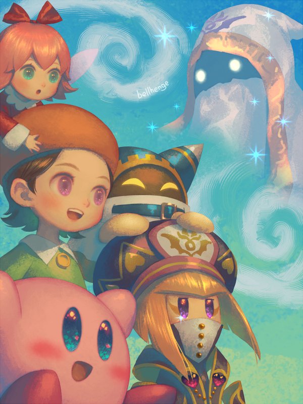 1other, 2boys, 3girls, adeleine, bellhenge, beret, blonde_hair, blue_eyes
