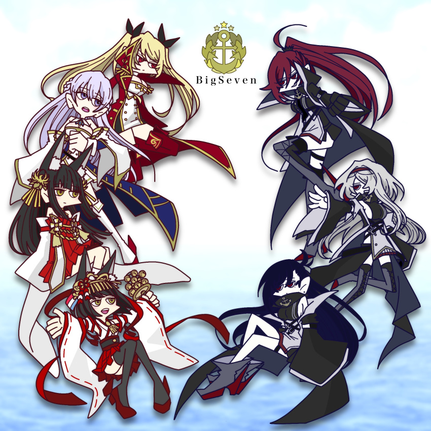 6+girls, ahoge, anchor_symbol, azur_lane, bangs, black_hair, blonde_hair, blunt_bangs