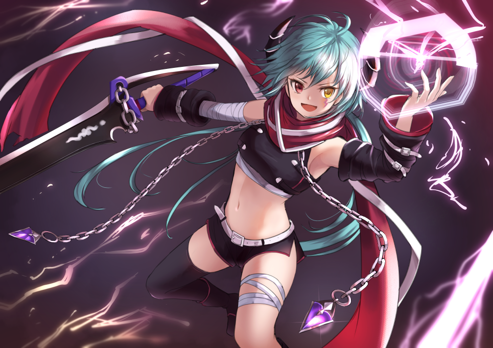 1girl, :d, aqua_hair, armpits, bandage, bandaged_arm, bandaged_leg, bandages