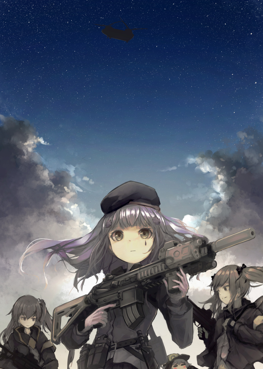 404_(girls_frontline), 4girls, aircraft, ammunition, ammunition_belt, ammunition_pouch, armband, assault_rifle, bangs, beret, black_hat, black_jacket, blue_hair, blunt_bangs, boeing_c-17, brown_eyes, brown_hair, ch-47_chinook, closed_eyes, closed_mouth, clouds, cloudy_sky, crossed_bangs, facial_mark, finger_on_trigger, fingerless_gloves, g11_(girls_frontline), girls_frontline, gloves, green_eyes, green_hat, green_jacket, grey_hair, gun, h&amp;k_ump, h&amp;k_ump45, hair_between_eyes, hair_ornament, hairclip, hat, heckler_&amp;_koch, helicopter, highres, hk416, hk416_(girls_frontline), holding, holding_gun, holding_weapon, hood, hood_down, hooded_jacket, jacket, knife, looking_at_another, looking_at_viewer, magazine_(weapon), messy_hair, military, multiple_girls, one_side_up, open_clothes, open_jacket, personification, pouch, rifle, scar, scar_across_eye, scarf_on_head, sky, smile, star_(sky), starry_sky, submachine_gun, suginakara_(user_ehfp8355, teardrop, ump45_(girls_frontline), ump9_(girls_frontline), weapon