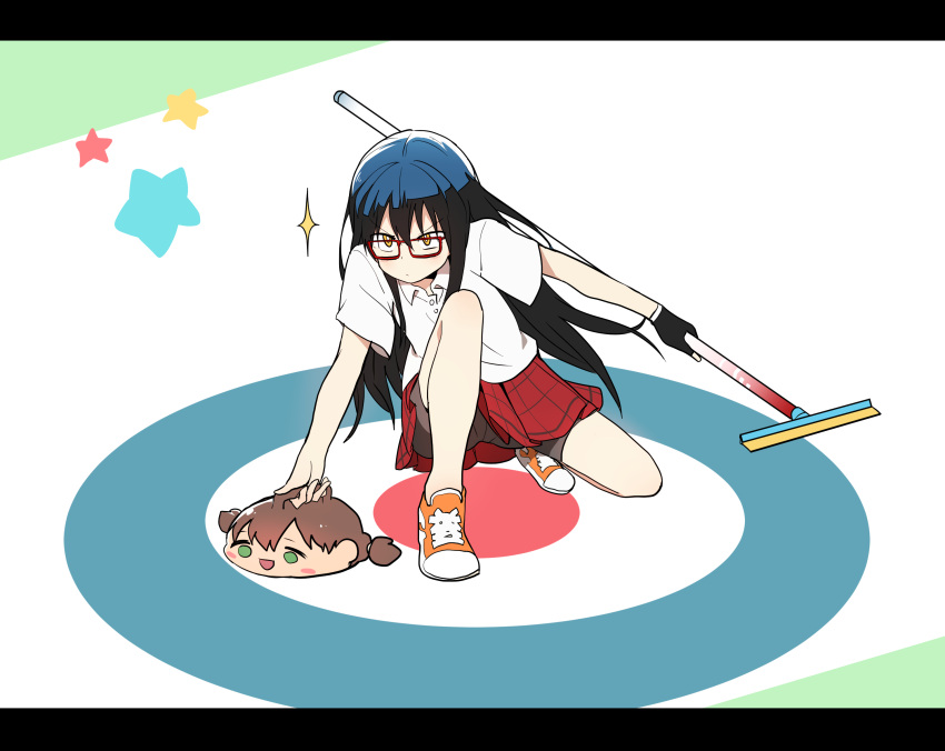1girl, bike_shorts, black_hair, blush, blush_stickers, broom, bural_chingu, curling