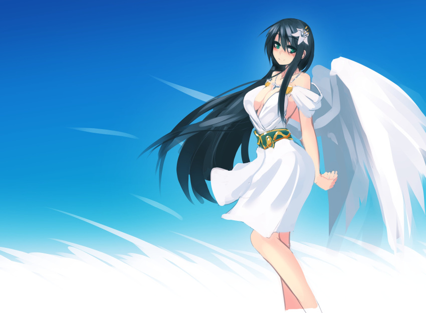 1girl, absurdres, ambriel_(synicode), angel_wings, arms_behind_back, bare_shoulders, belt, black_hair, borrowed_character, breasts, commentary, dress, english_commentary, eyebrows_visible_through_hair, eyes_visible_through_hair, flower, green_eyes, hair_flower, hair_ornament, highres, jewelry, long_hair, looking_at_viewer, necklace, original, sky, smile, solo, sub-res, very_long_hair, white_dress, wings