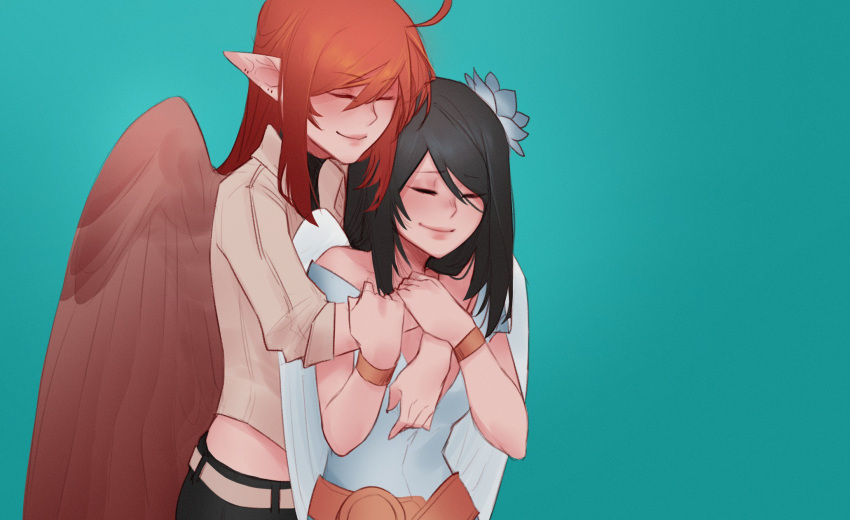 2girls, ahoge, ambriel_(synicode), angel_wings, aqua_background, bangs, belt, black_hair, borrowed_character, brown_wings, closed_eyes, commentary, dress, english_commentary, eyebrows_visible_through_hair, feathered_wings, flower, hair_between_eyes, hair_flower, hair_ornament, haohi_(less), highres, hug, hug_from_behind, less, multiple_girls, original, pointy_ears, redhead, simple_background, smile, white_dress, wings
