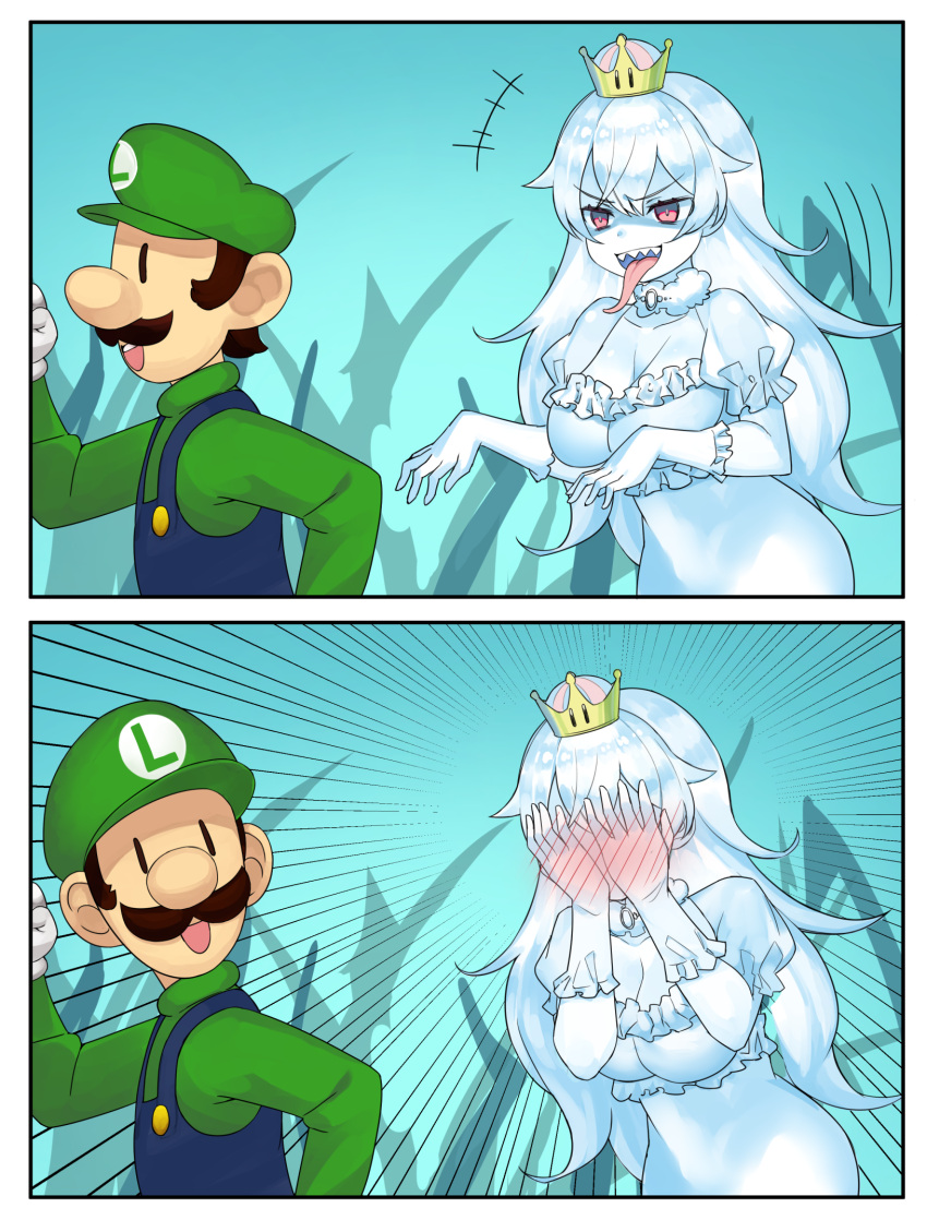 +++, 1boy, 1girl, 2koma, :d, bangs, blue_overalls, blush