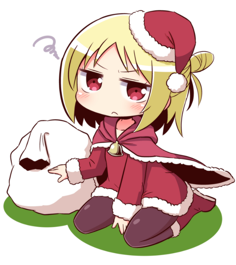 1girl, 7th_dragon, 7th_dragon_(series), bangs, bell, blonde_hair, blush, boots
