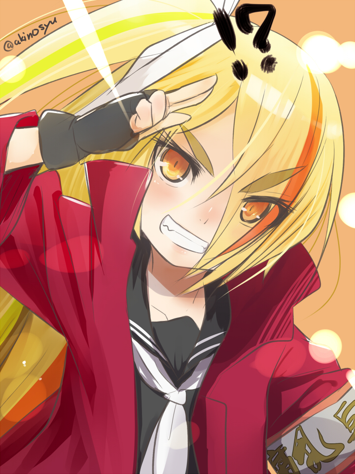 !?, 1girl, akino_shuu, armband, black_gloves, black_serafuku, blonde_hair, eyes_visible_through_hair