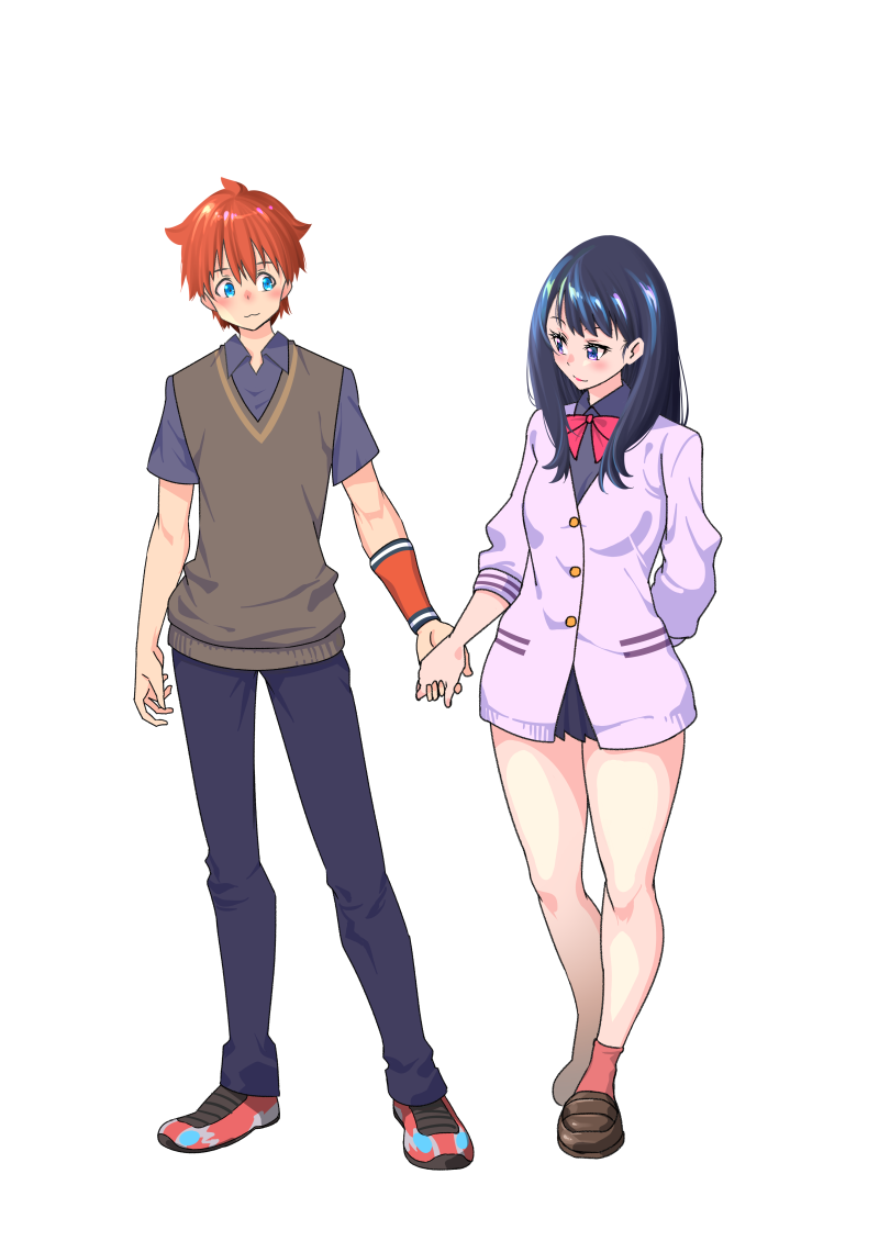 1boy, 1girl, bangs, black_hair, black_pants, black_skirt, blue_eyes, blush, bow, bowtie, breasts, brown_footwear, cardigan, collared_shirt, commentary_request, couple, hand_holding, hetero, hibiki_yuuta, long_hair, long_sleeves, looking_at_another, medium_breasts, miniskirt, necktie, pants, pleated_skirt, purple_shirt, red_bow, red_footwear, red_legwear, red_neckwear, redhead, school_uniform, shirt, shoes, short_sleeves, skirt, sleeves_rolled_up, sneakers, socks, ssss.gridman, sweater, takarada_rikka, thighs, waistcoat, white_cardigan, white_sweater, wing_collar, zardyui