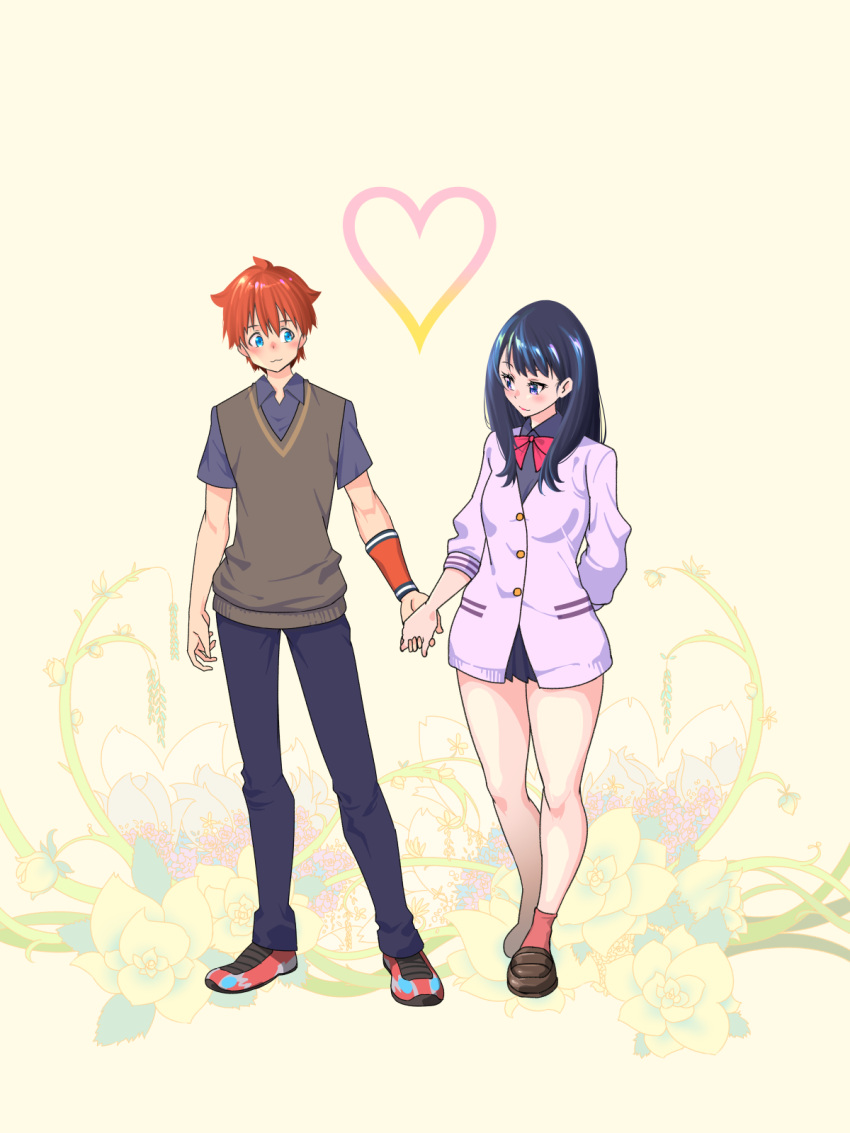 1boy, 1girl, bangs, black_hair, black_pants, black_skirt, blue_eyes, blush
