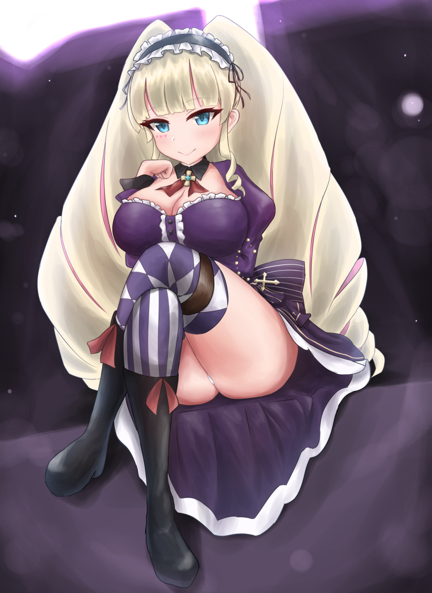 1girl, ass, bangs, blonde_hair, blue_eyes, blunt_bangs, blush, breasts