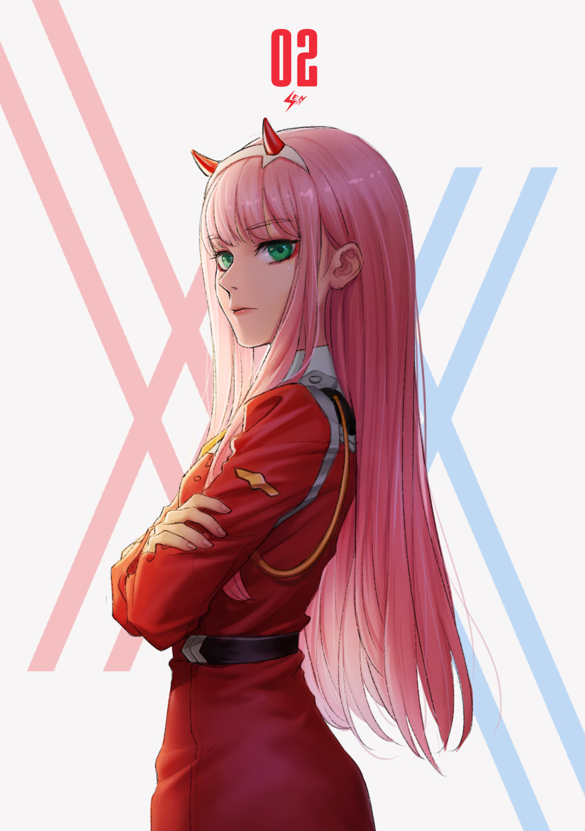 1girl, absurdres, bangs, character_name, crossed_arms, darling_in_the_franxx, eyebrows_visible_through_hair, from_side