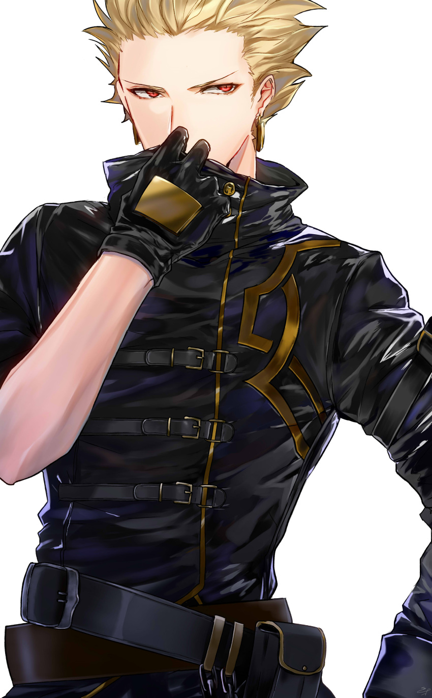 1boy, absurdres, belt, black_coat, black_gloves, blonde_hair, cosplay_request, earrings