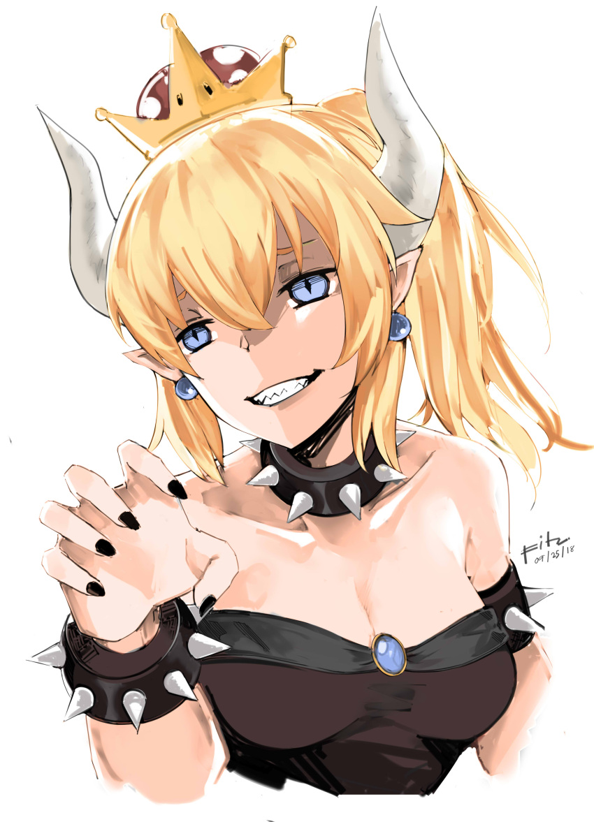 1girl, absurdres, armlet, artist_name, black_nails, blonde_hair, blue_eyes, bowsette