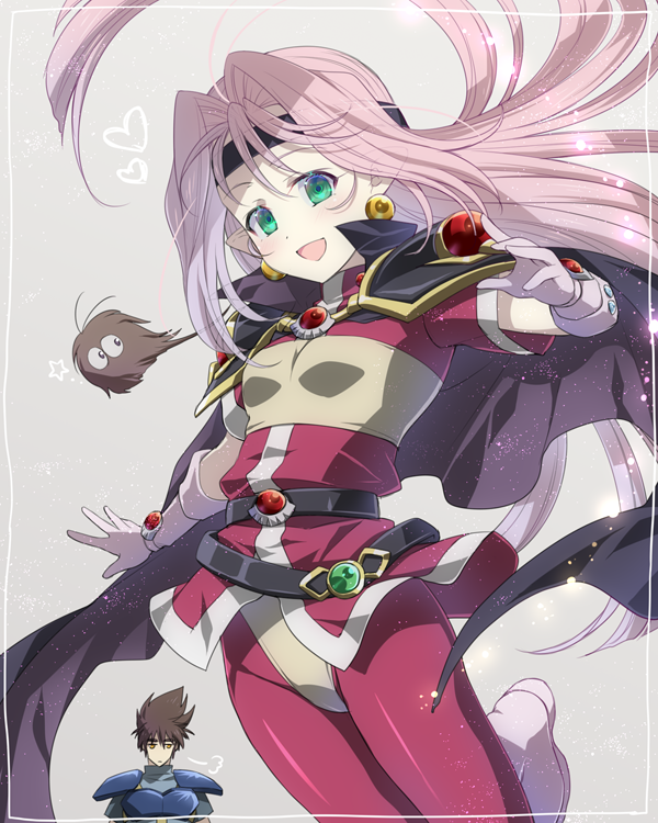 1boy, 1girl, :d, bandanna, black_cape, blue_shirt, boots, breastplate, breasts, brown_eyes, brown_hair, cape, cosplay, earrings, floating_hair, gloves, gourry_gabriev, gourry_gabriev_(cosplay), green_eyes, guvava, heart, jewelry, leotard, lina_inverse, lina_inverse_(cosplay), long_hair, macross, macross_7, mylene_jenius, nekki_basara, open_mouth, pants, pink_hair, pointy_ears, red_pants, shirt, shoulder_armor, small_breasts, smile, soukuu_kizuna, spaulders, spiky_hair, very_long_hair, white_footwear, white_gloves, yellow_leotard