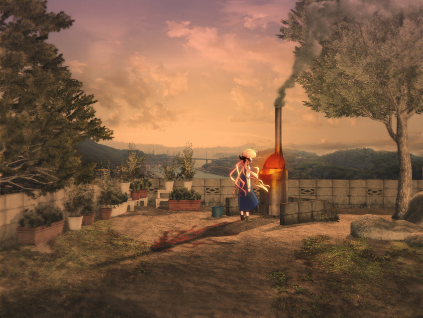 alone, blonde_hair, bridge, bucket, chaos;head, cloud, clouds, fire