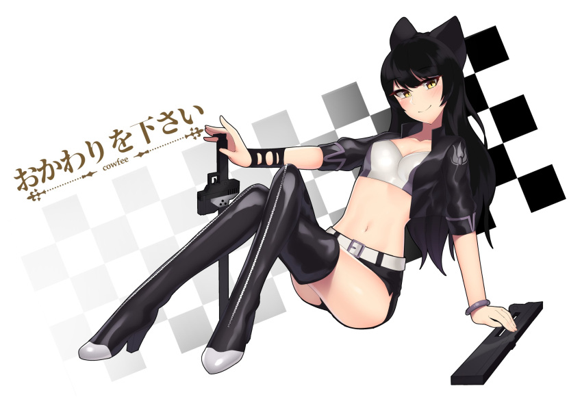1girl, animal_ears, artist_logo, artist_name, belt, black_footwear, black_hair, black_jacket