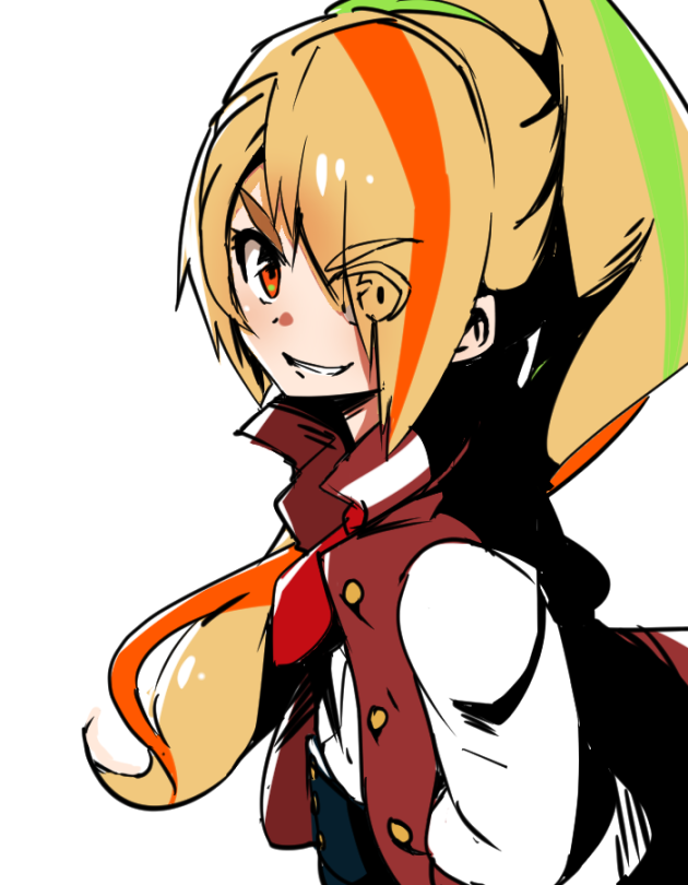 blonde_hair, eyebrows_visible_through_hair, eyes_visible_through_hair, grin, hair_over_one_eye, jacket, letterman_jacket, long_hair